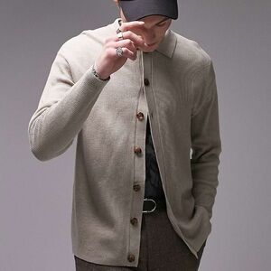 Topman button up polo cardigan stone mens sz M NWT